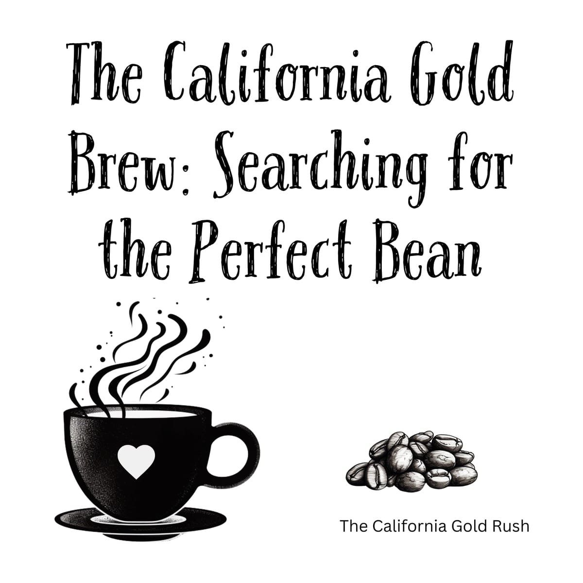 White ceramic coffee mug with "The California Gold Brew: Searching for the Perfect Bean" quote in dark text