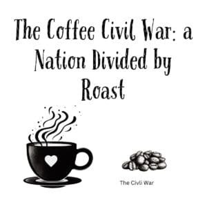 White ceramic mug with quote "The Coffee Civil War: a Nation Divided by Roast" in bold text