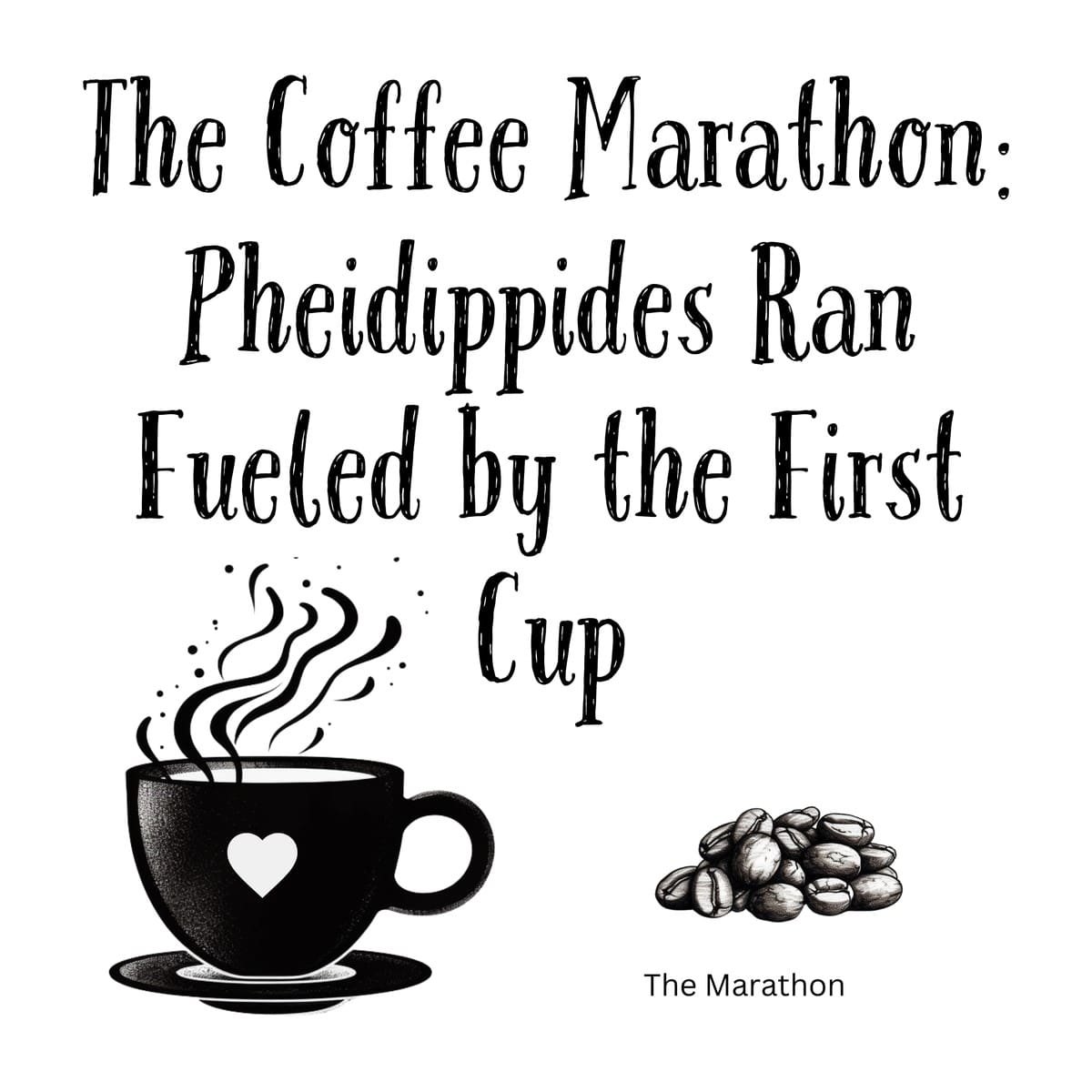 White ceramic mug with quote: The Coffee Marathon: Pheidippides Ran Fueled by the First Cup