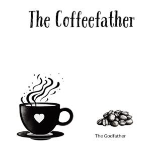 White ceramic coffee mug with "The Coffeefather" text, a witty play on The Godfather movie title for coffee lovers