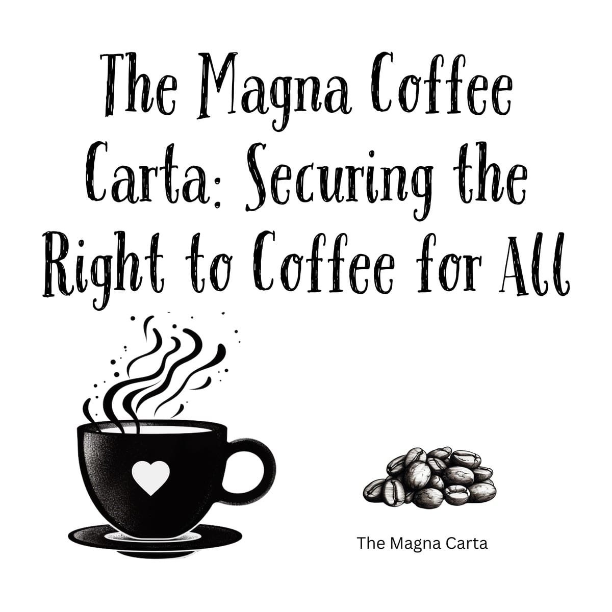 White ceramic coffee mug with "The Magna Coffee Carta: Securing the Right to Coffee for All" printed in black text