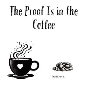 White ceramic mug with black text reading The Proof Is in the Coffee, clever twist on classic saying