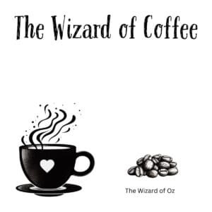 White ceramic coffee mug with "The Wizard of Coffee" quote in bold lettering, a playful Wizard of Oz reference