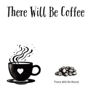 White ceramic coffee mug with black text reading There Will Be Coffee, a play on the film There Will Be Blood