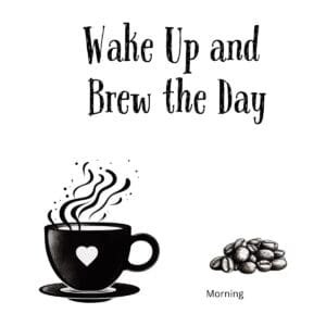 White ceramic coffee mug with black text reading Wake Up and Brew the Day in modern sans-serif font