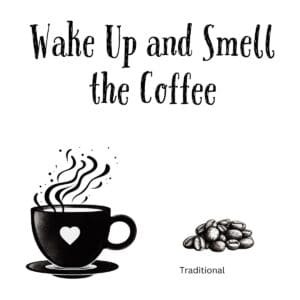 White ceramic coffee mug with 'Wake Up and Smell the Coffee' quote printed in bold text