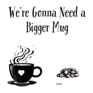 White ceramic coffee mug with black text reading We're Gonna Need a Bigger Mug, a Jaws movie quote parody