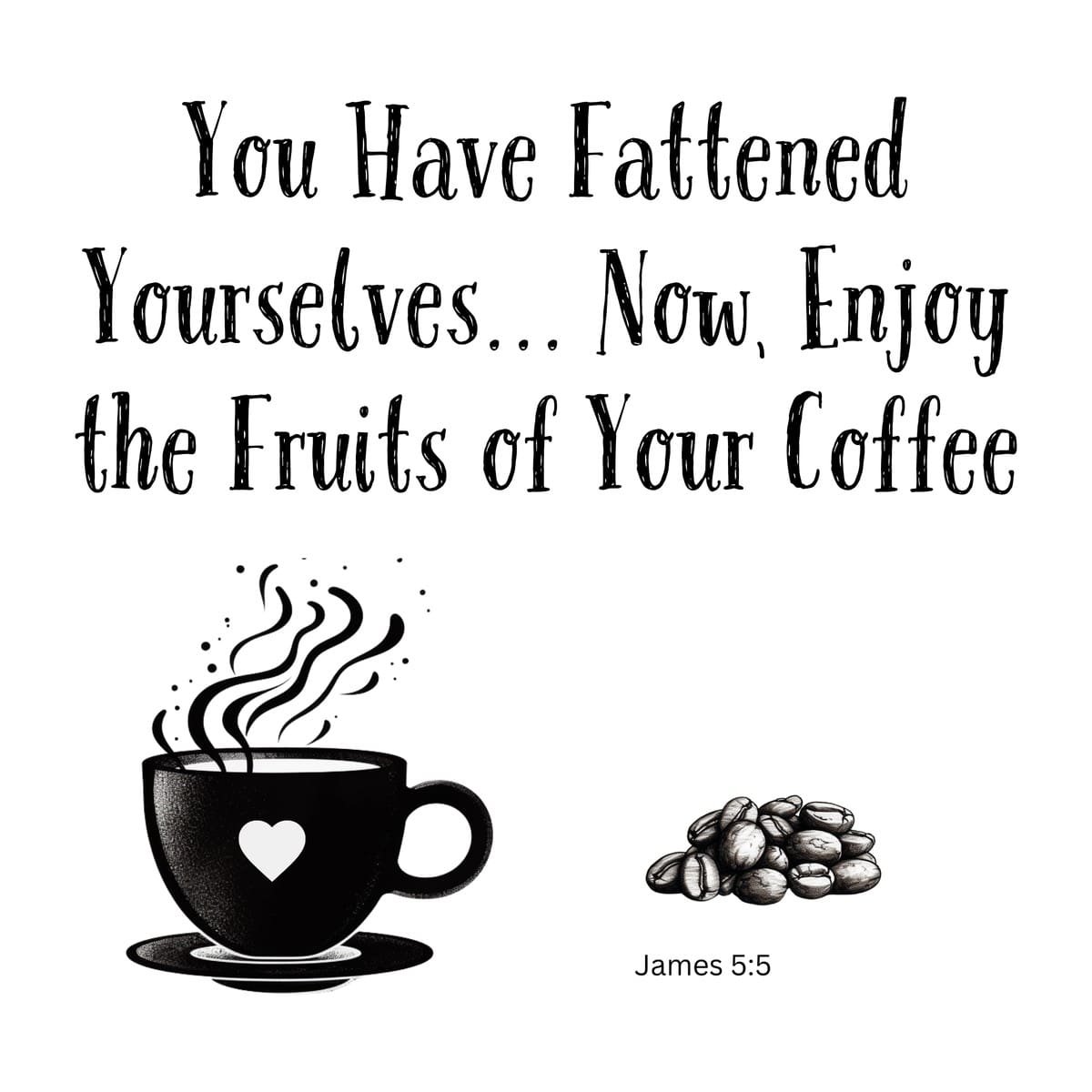 White ceramic mug with James 5:5 coffee quote: You Have Fattened Yourselves Now Enjoy the Fruits of Your Coffee